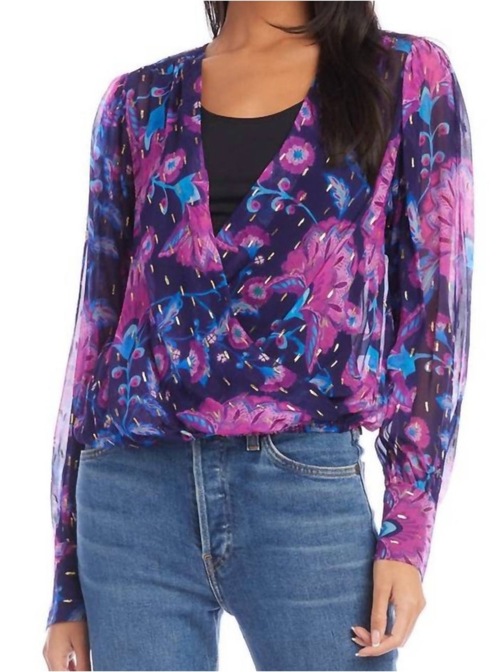 Fifteen Twenty Purple Floral Wrap Blouse with Pink & Blue Accents